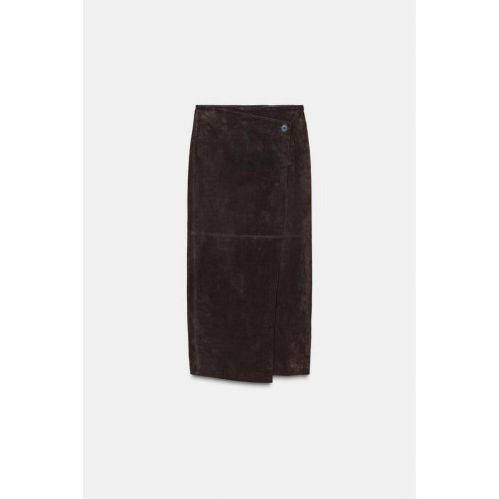 ZARA 100% LEATHER WRAP MIDI SKIRT
